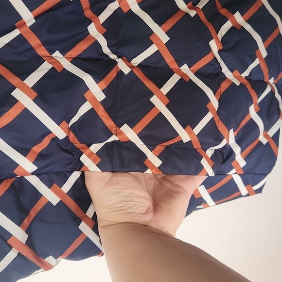 Land's End Blue Brown White Geo Check Sleeveless Full Zip Down Puffer Vest 2x - Picture 7 of 8